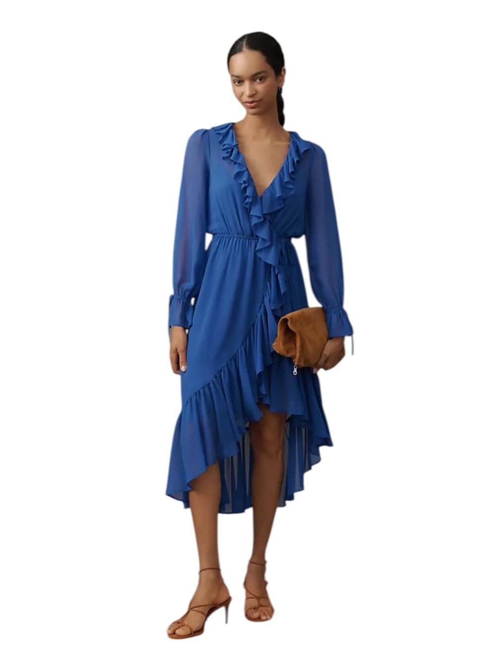 Anthropologie Long Sleeve Ruffled Asymmetric Midi Dress in Royal Blue / XS/ NWT